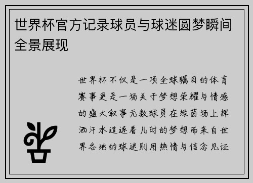 世界杯官方记录球员与球迷圆梦瞬间全景展现 世界杯官方记录球员与球迷圆梦瞬间全景展现